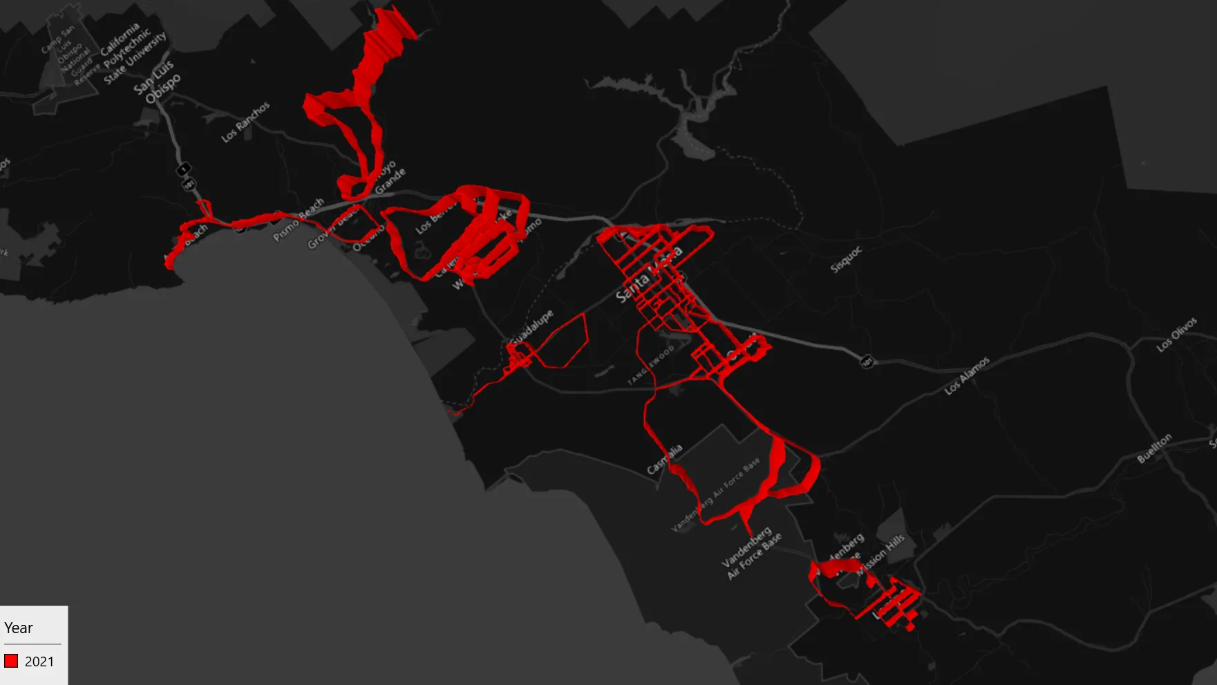 Visualization of my 2021 rides on the Cental Coast.